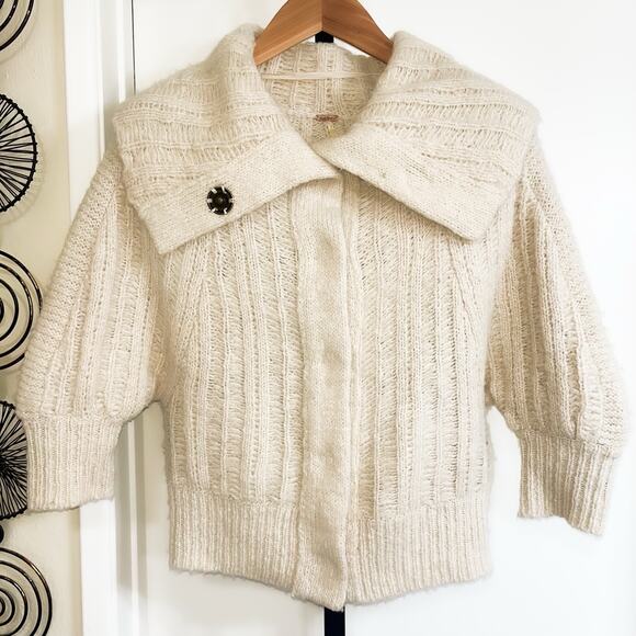 Free People Puritan Collar Peasant Boho Cardigan Sweater - Beige, Size S - Picture 2 of 9